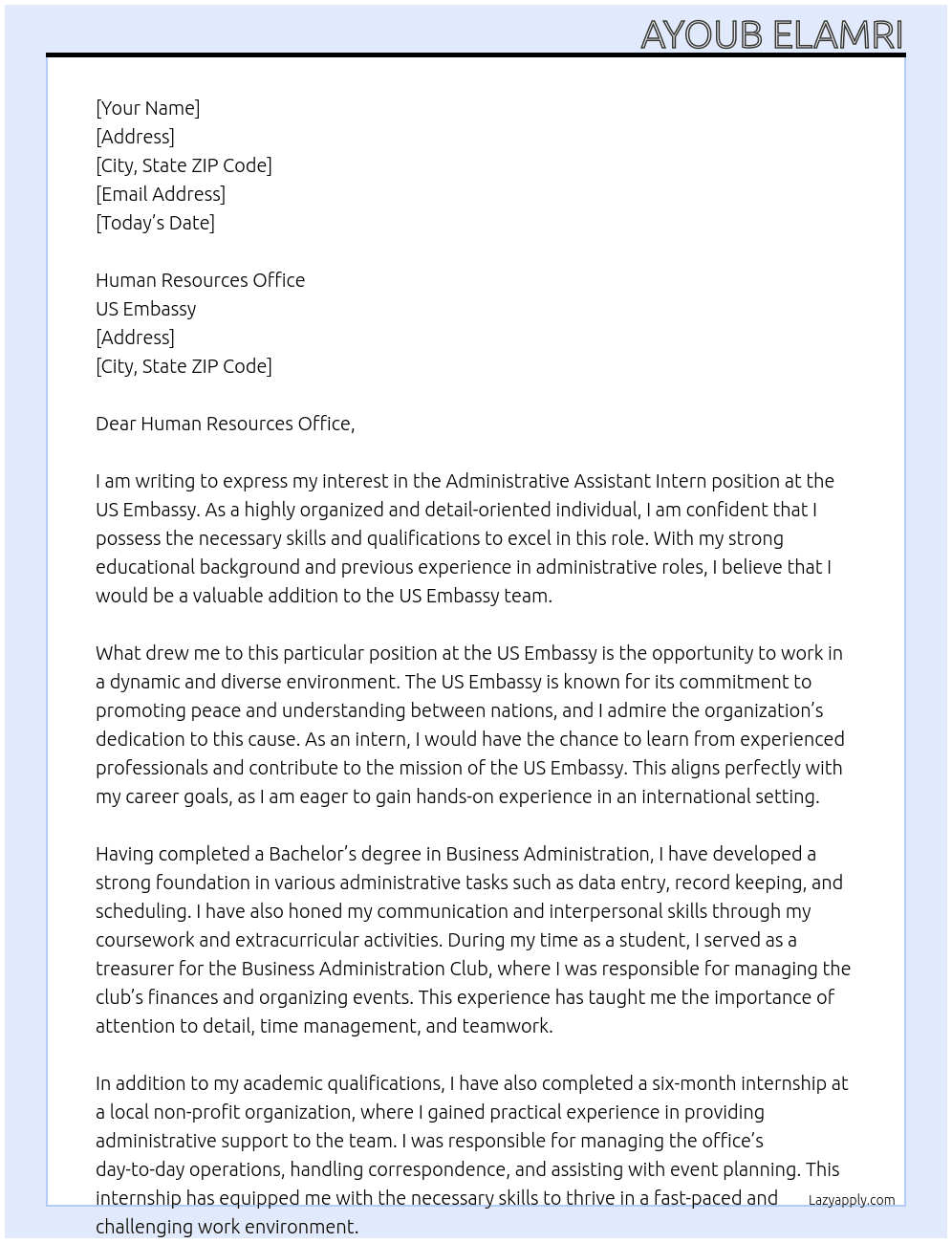 Administrative Assistant Intern  At US Embassy  Cover Letter