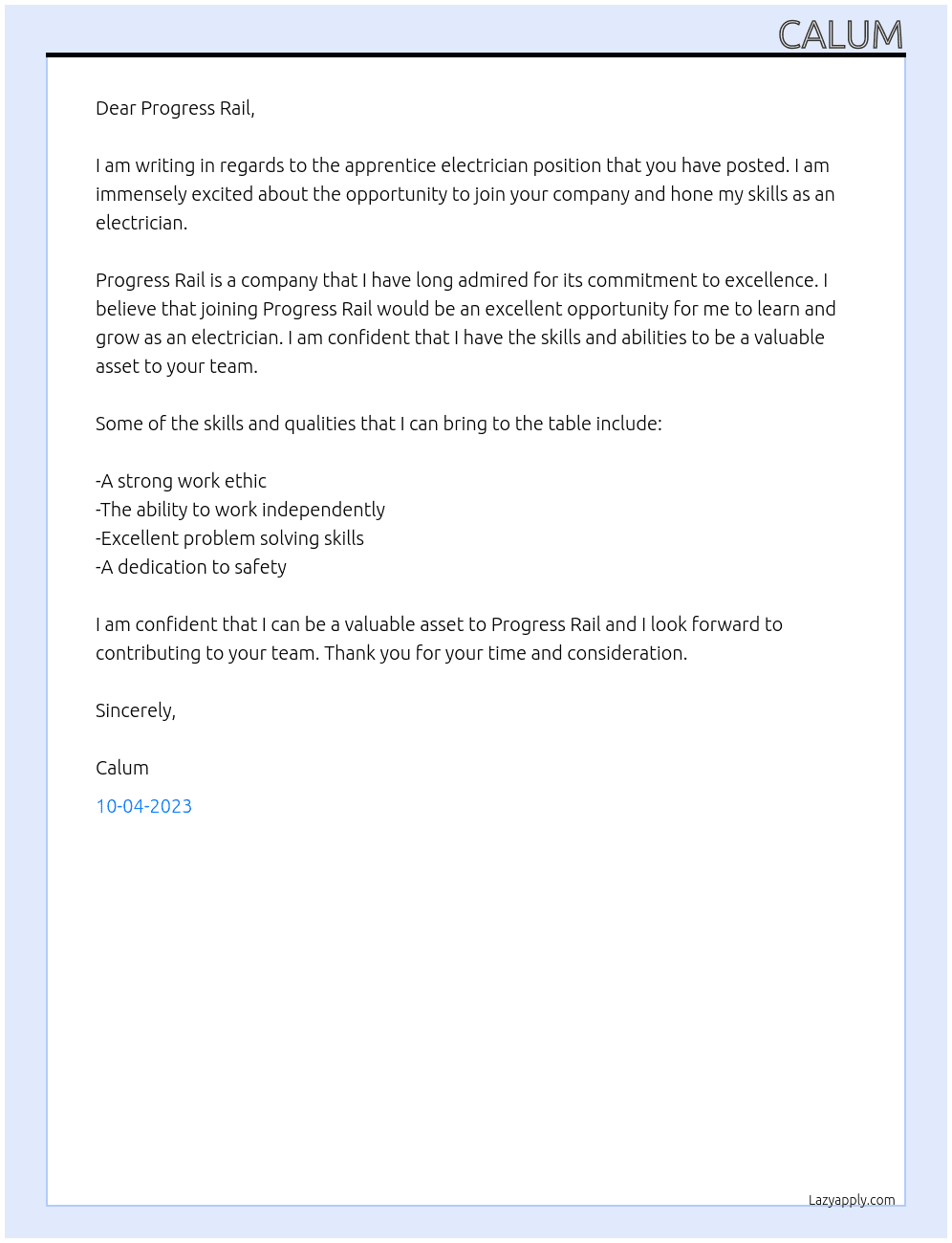 Apprentice Electrician  At Progress Rail Cover Letter