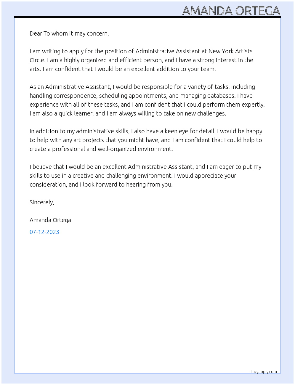 Administrative Assistant At New York Artists Circle Cover Letter