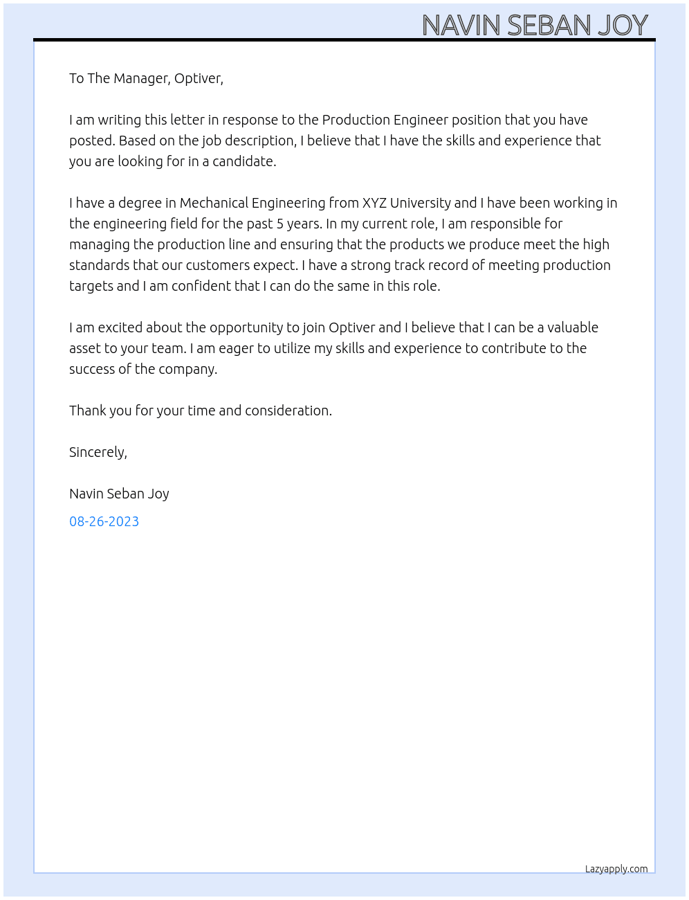 Production Engineer  At Optiver Cover Letter