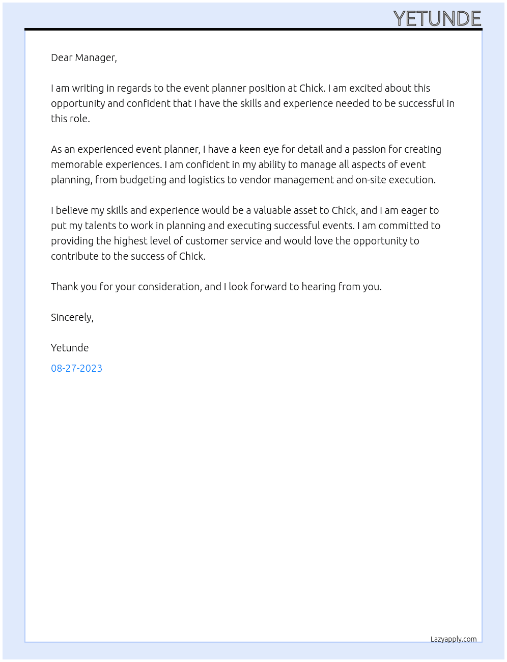 event planner At chick Cover Letter