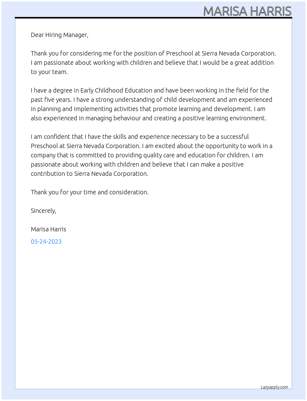 Preschool At Sierra Nevada Corporation Cover Letter