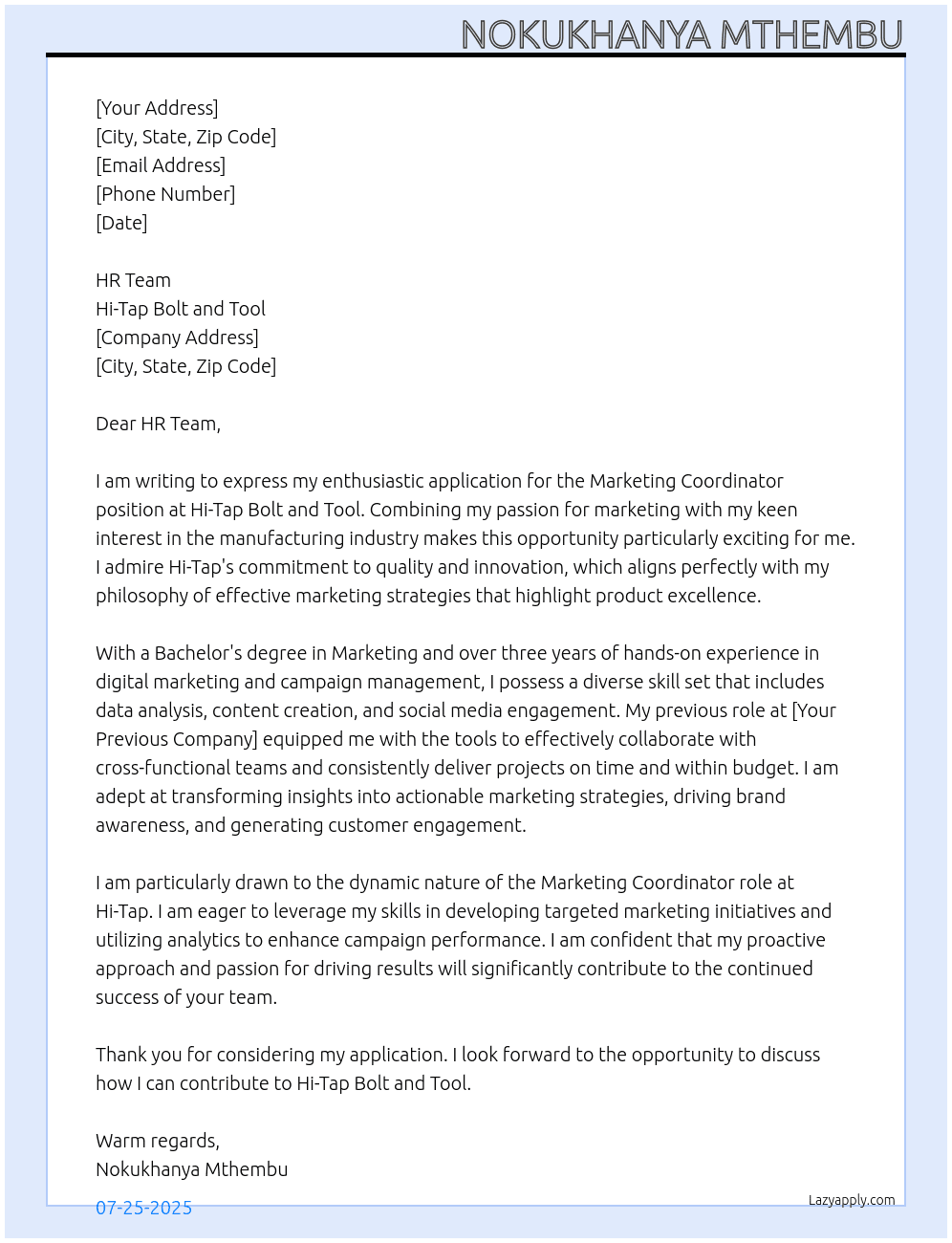 Marketing Coordinator  At Hi-Tap Bolt and Tool Cover Letter