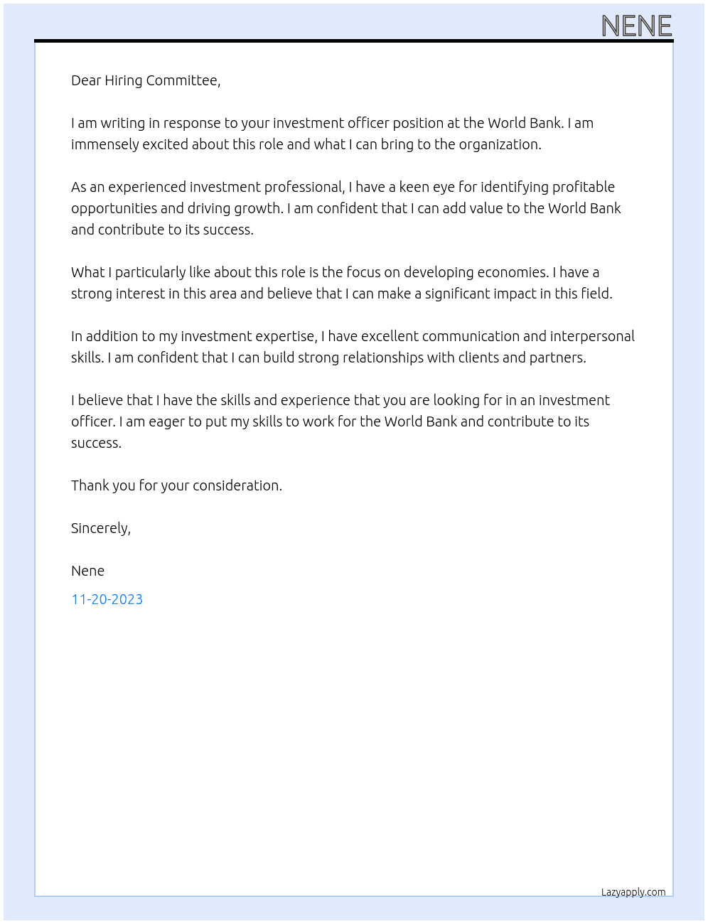 Investment Officer At World Bank Cover Letter