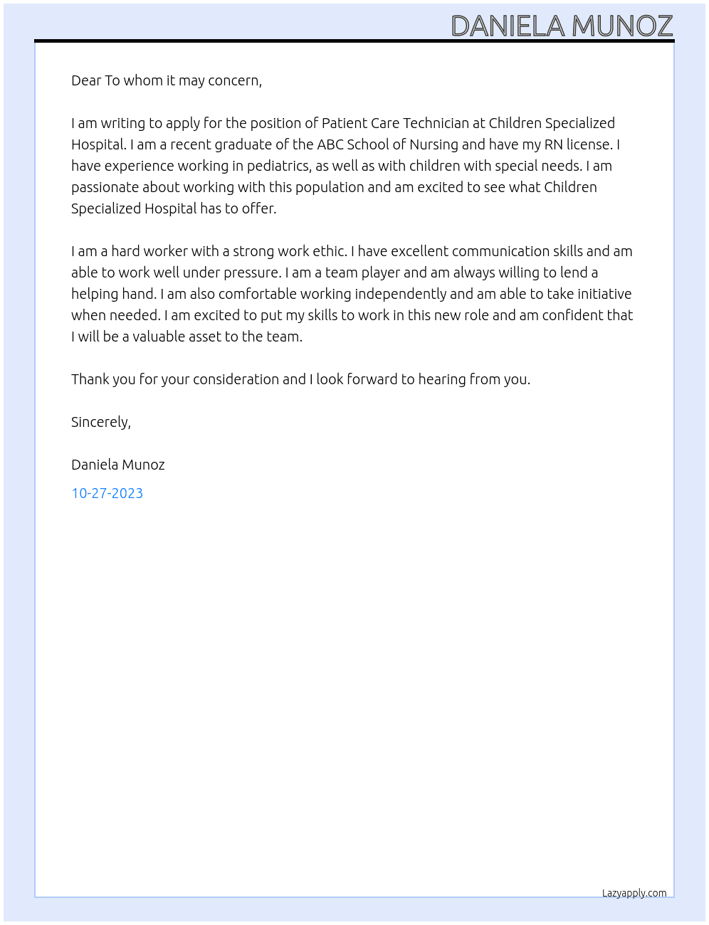 Patient Care Technician  At Children Specialized Hospital  Cover Letter