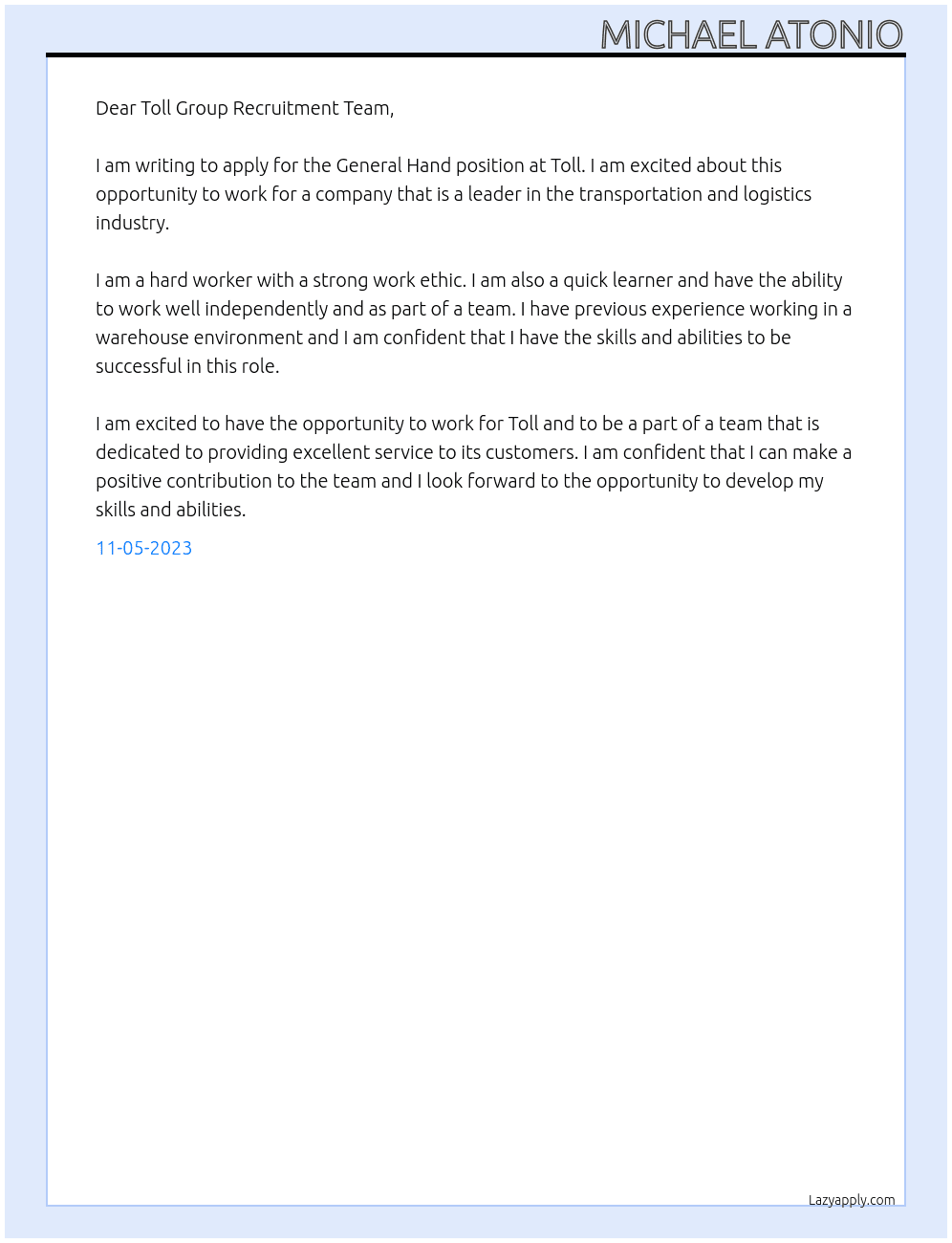 General Hand At Toll Cover Letter