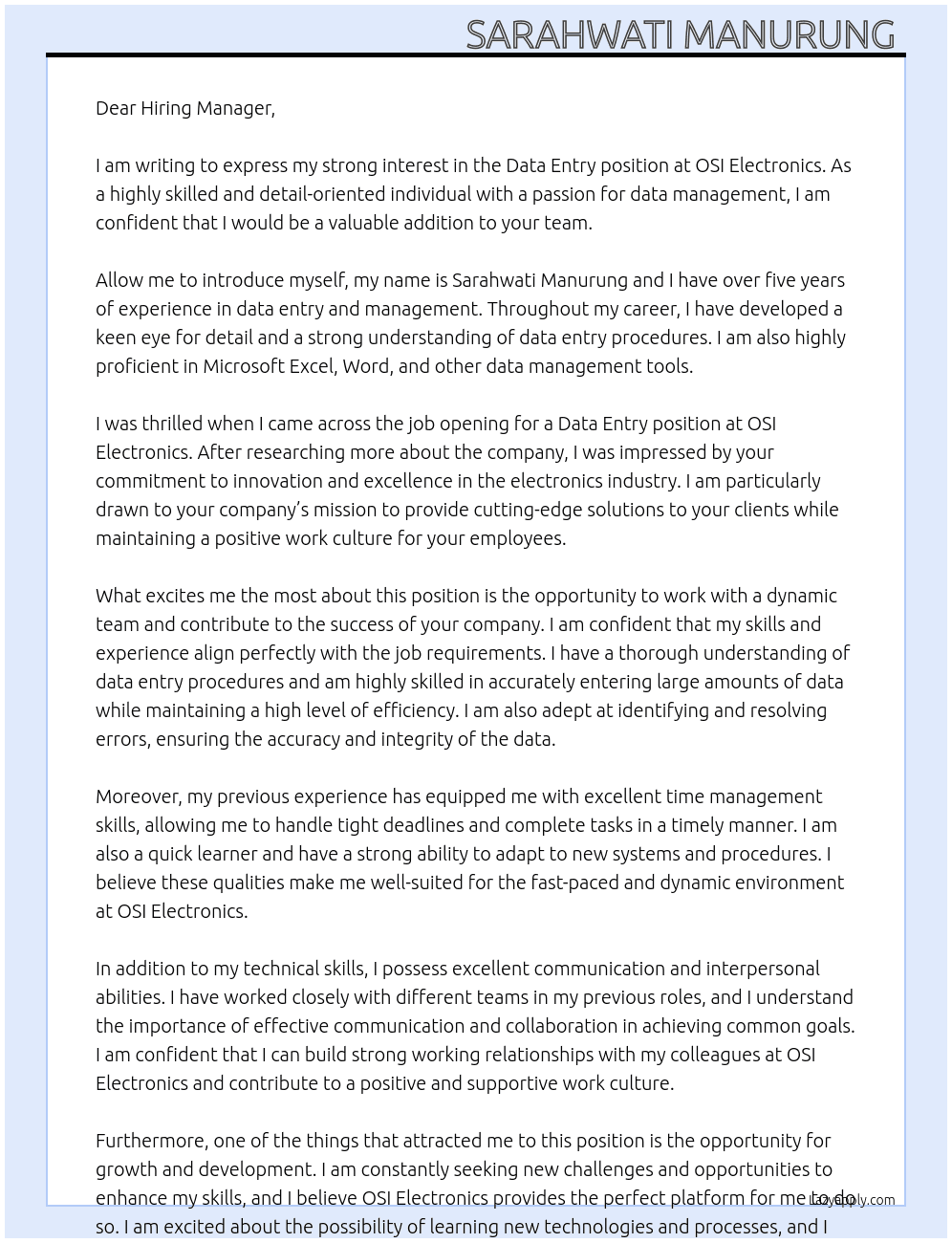 data entry At OSI Electronics Cover Letter
