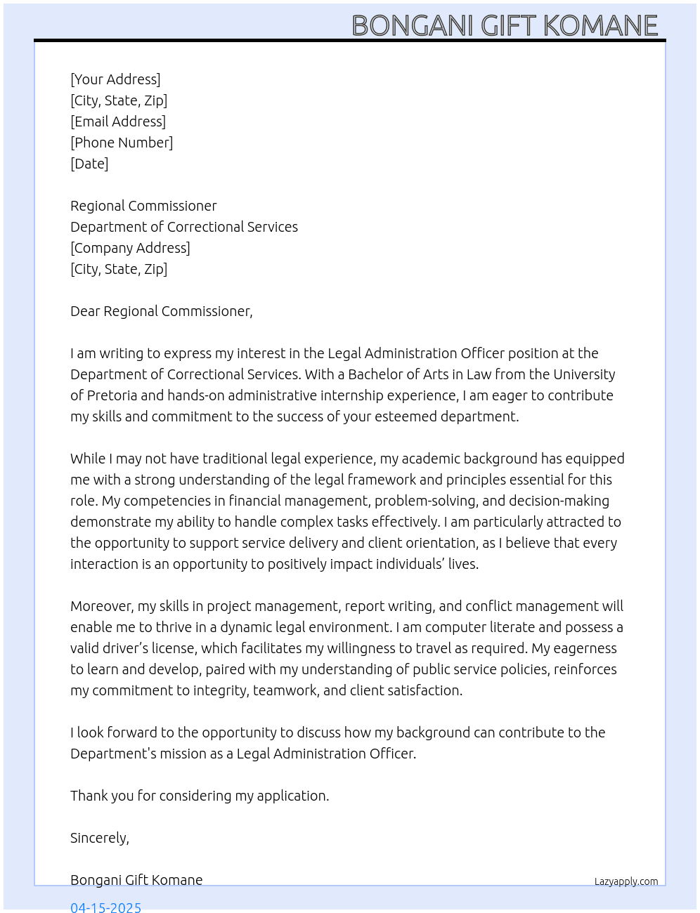 Legal Administration Officer  At Department of Correctional Services  Cover Letter
