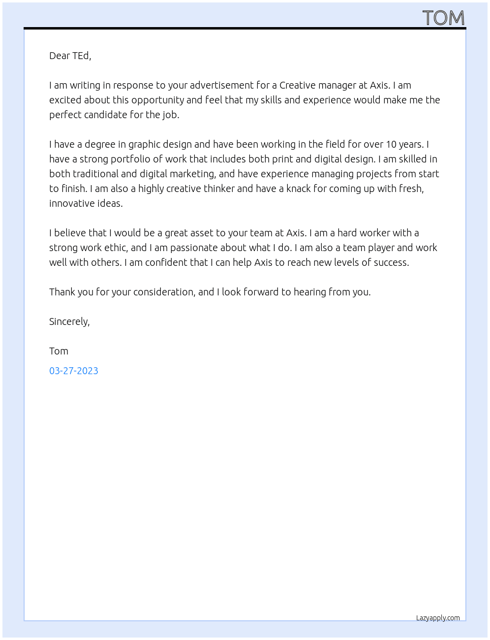 Creative manager At Axis Cover Letter