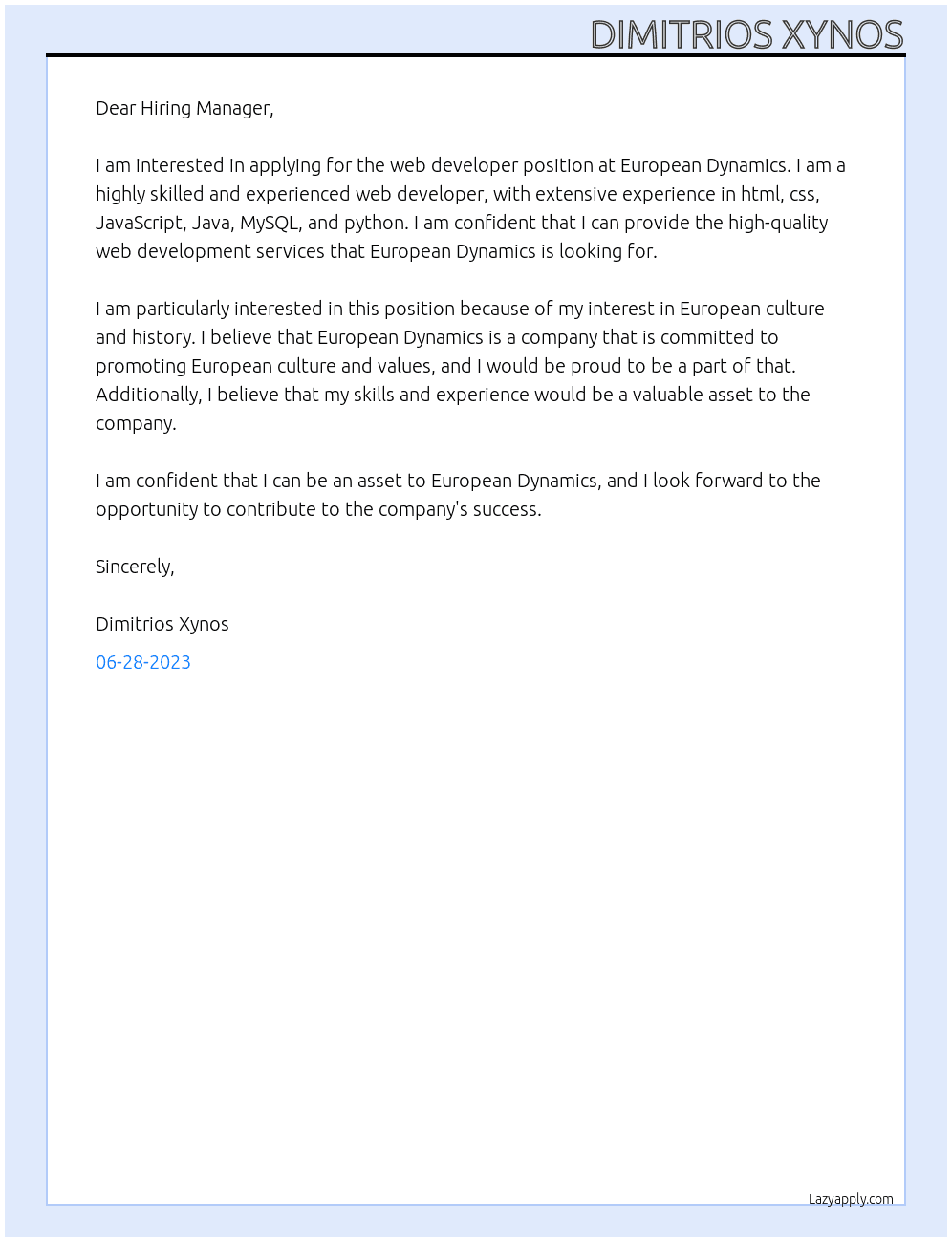 Web Developer  At European Dynamics Cover Letter