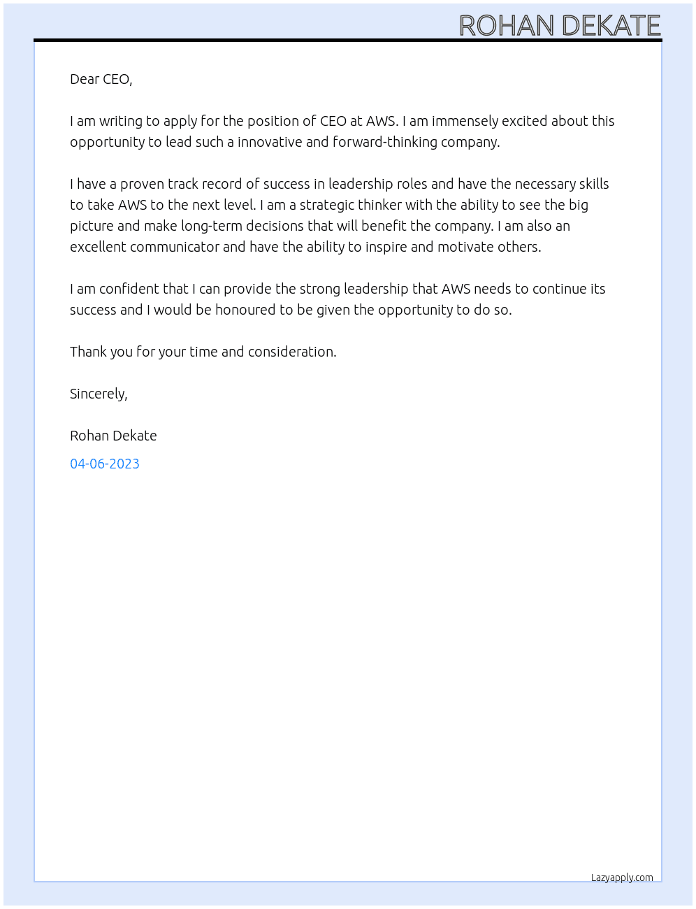 APPLY FOR CEO At AWS Cover Letter