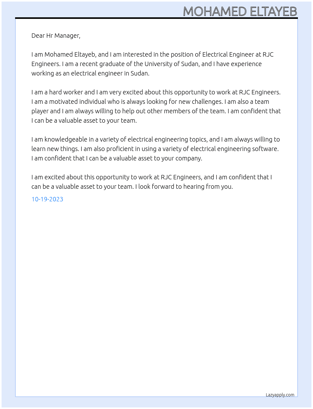 Electrical Engineer At RJC Engineers Cover Letter
