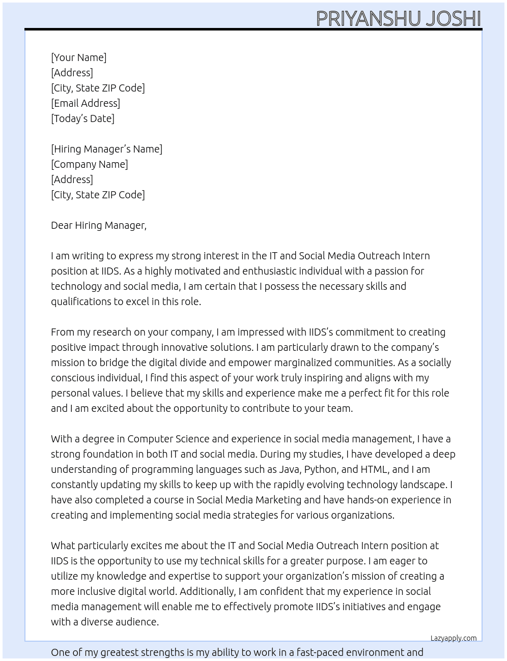 IT and Social Media Outreach Intern At IIDS Cover Letter
