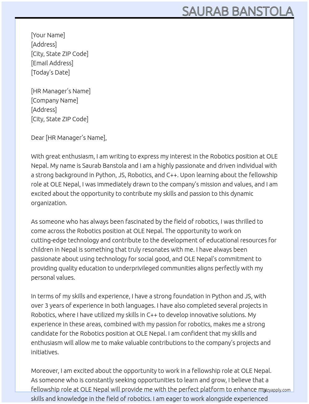 Robotics At OLE Nepal Cover Letter