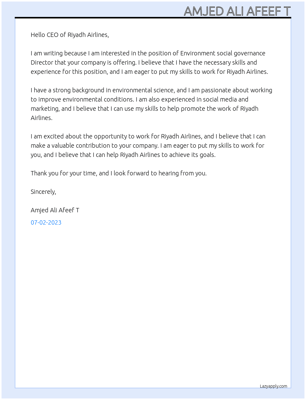 Environment social governance Director At Riyadh Air Cover Letter