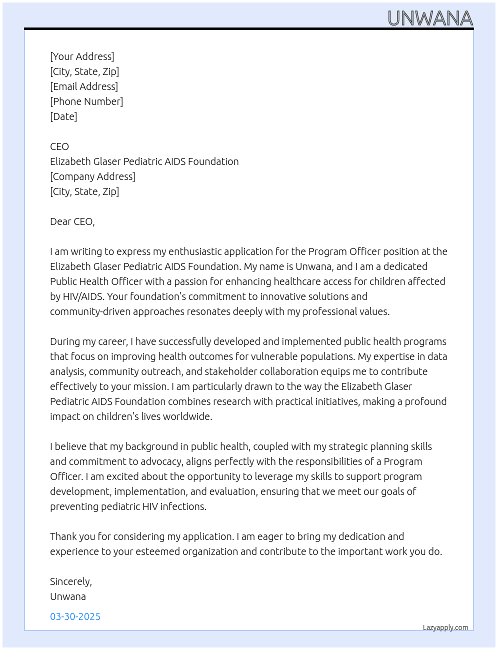 Program officer At Elizabeth Glaser Pediatric aid foundation Cover Letter