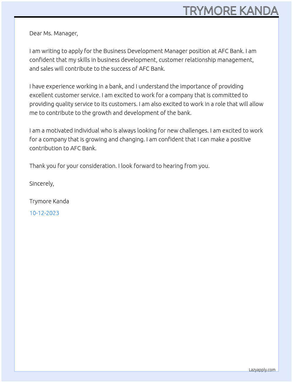 business development manager At afc bank Cover Letter