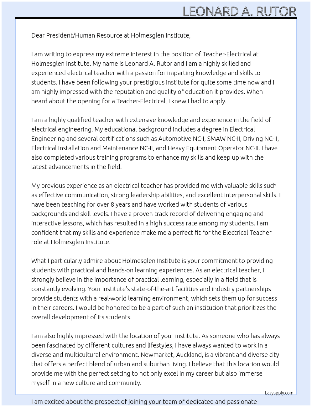 Teacher-Electrical At Holmesglen Institute Cover Letter