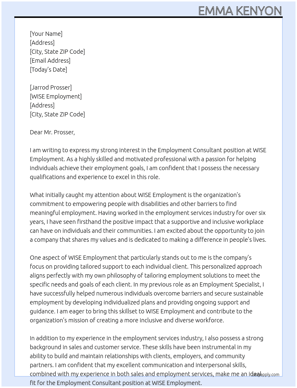 Employment consultant At WISE employment Cover Letter