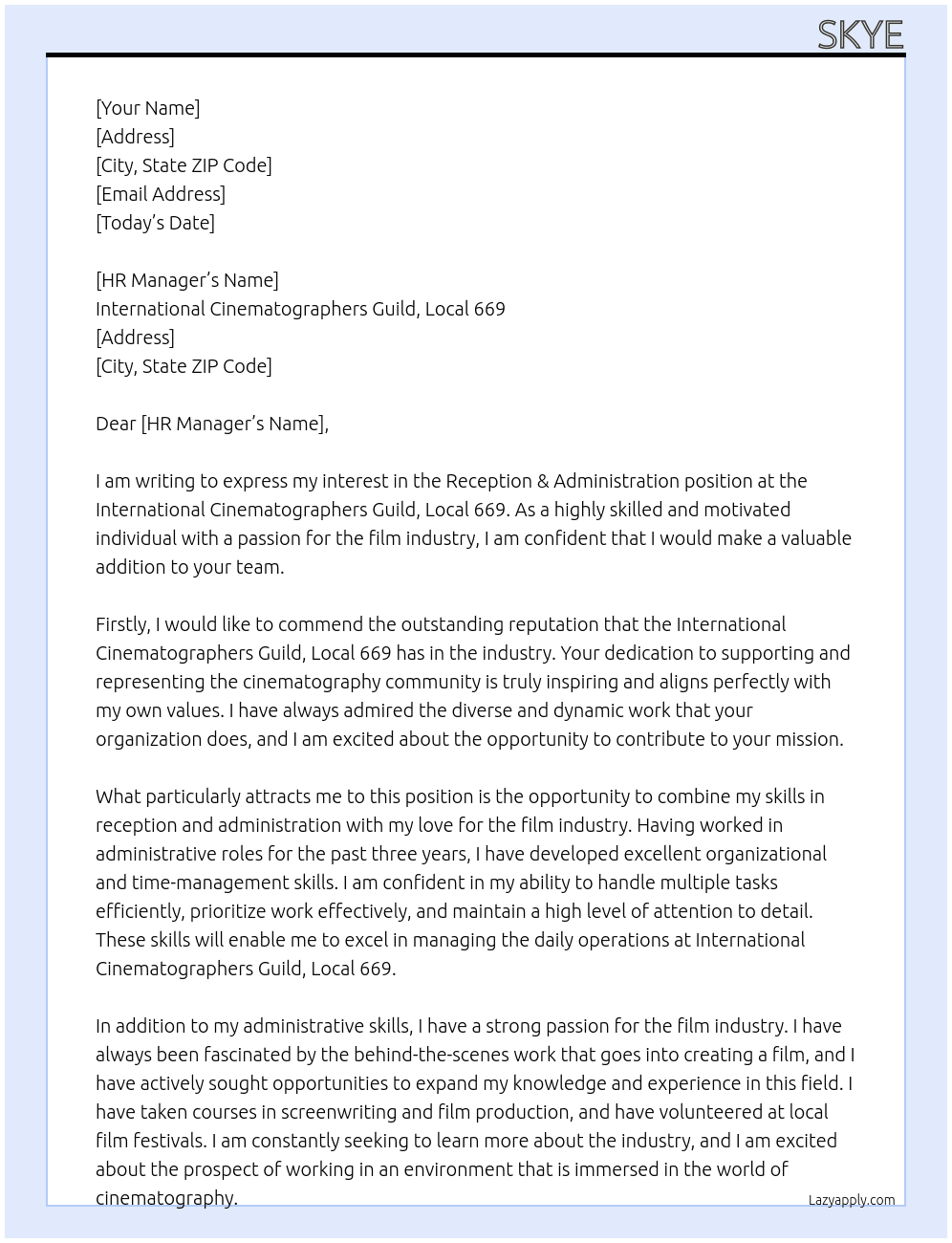 Reception & Administration At International Cinematographers Guild, Local 669 Cover Letter