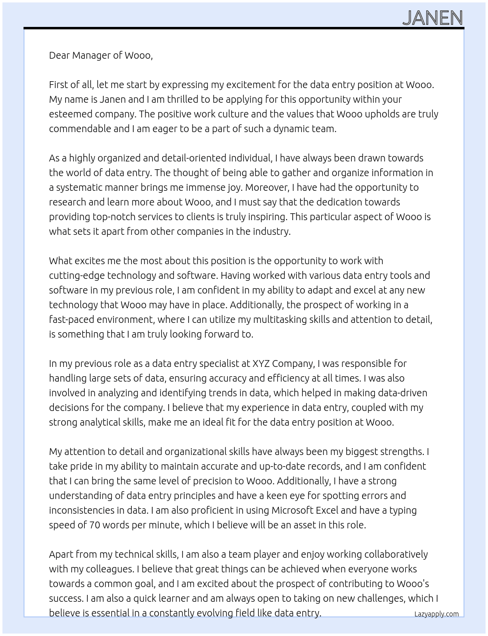 data entry At wooo Cover Letter