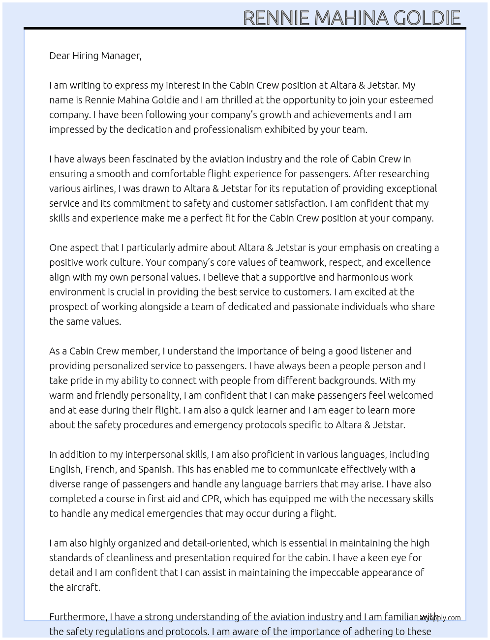 Cabin Crew At Altara & Jetstar Cover Letter