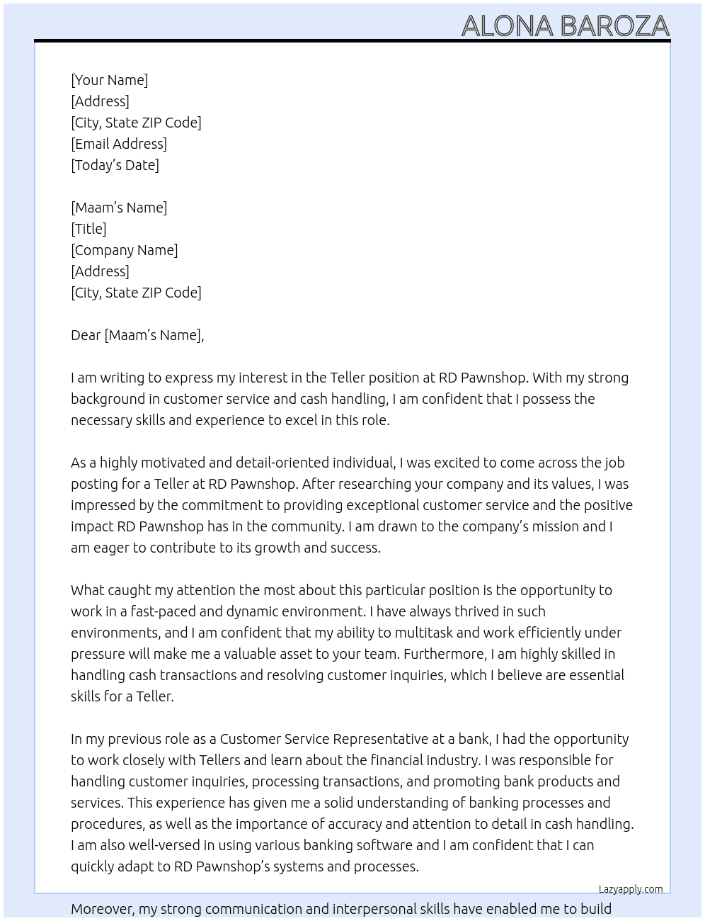 Teller At Rd pawnshop Cover Letter