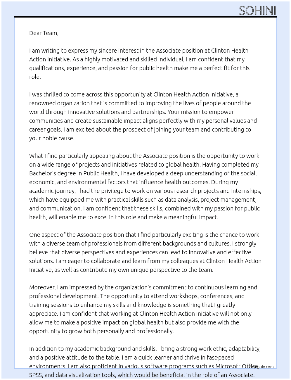 Associate At Clinton Health Action Initiative Cover Letter