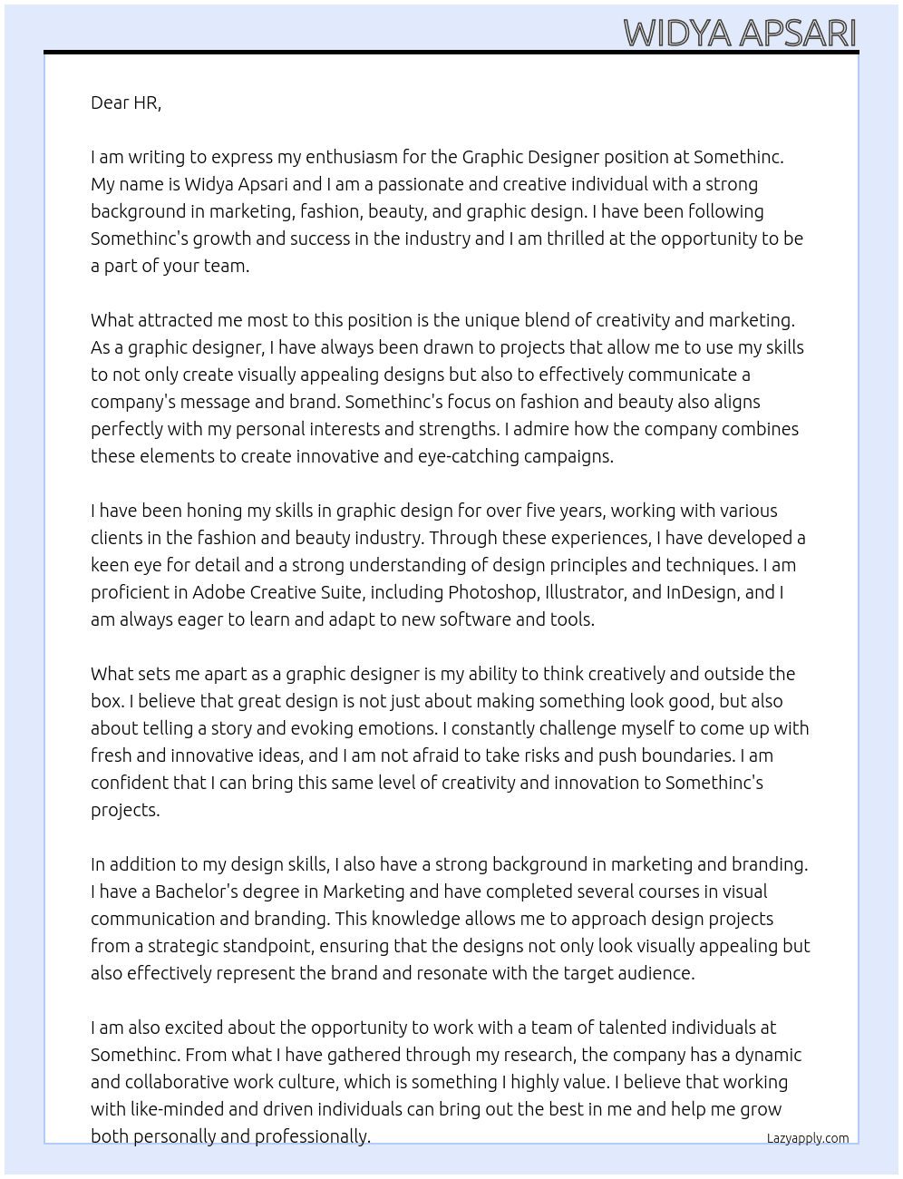 Graphic Designer At Somethinc Cover Letter
