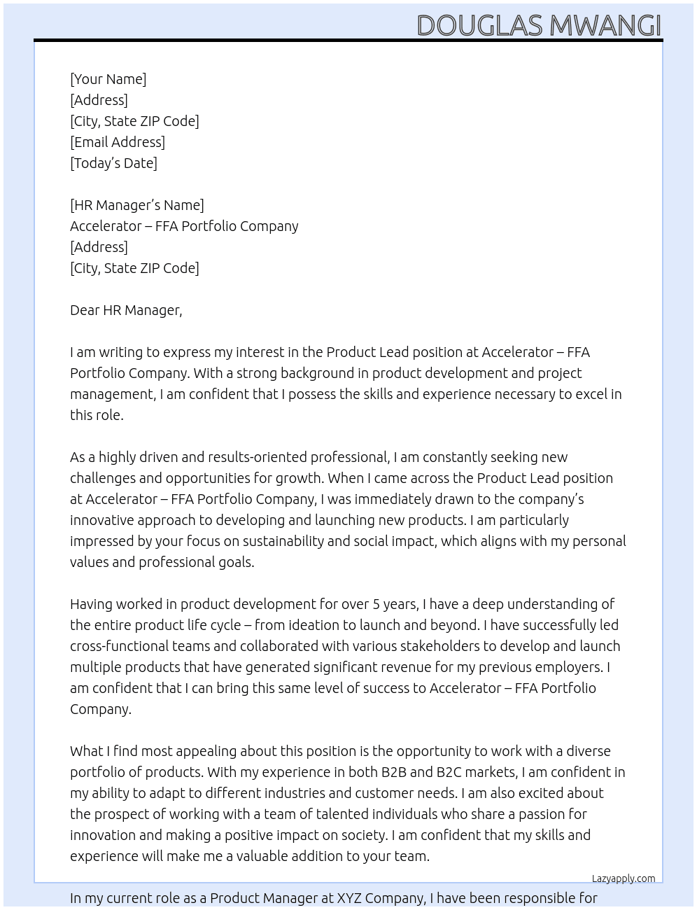 Product Lead At Accelerator – FFA Portfolio Company Cover Letter