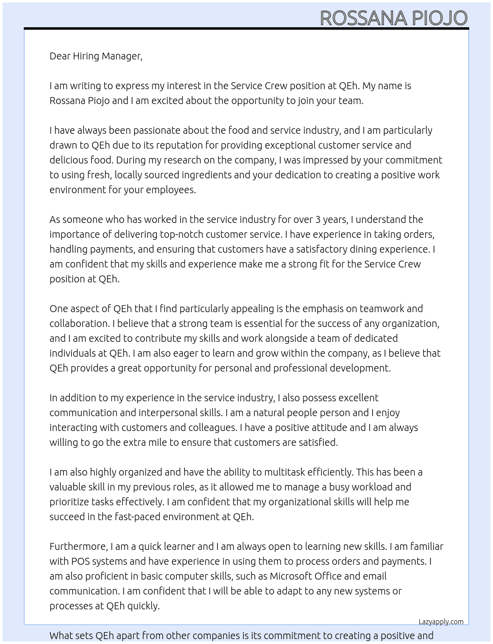 Service crew At QEh Cover Letter