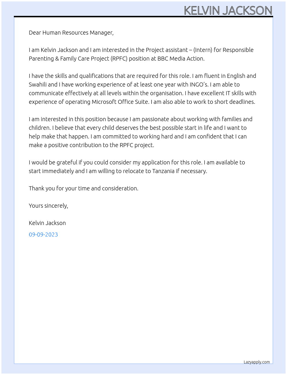 	Project assistant – (Intern) for Responsible Parenting & Family Care Project (RPFC) At BBC Media Action  Cover Letter