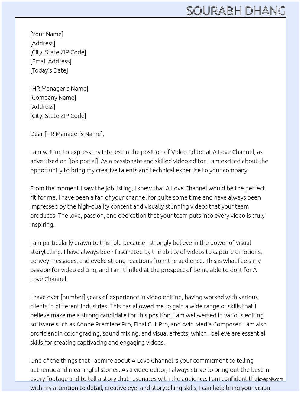 video editor At A LOVE CHANNEL Cover Letter