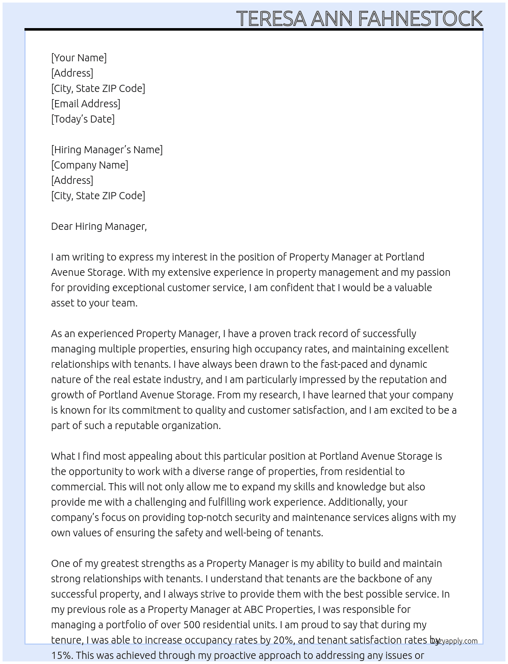 Property Manager  At Portland Avenue Storage  Cover Letter