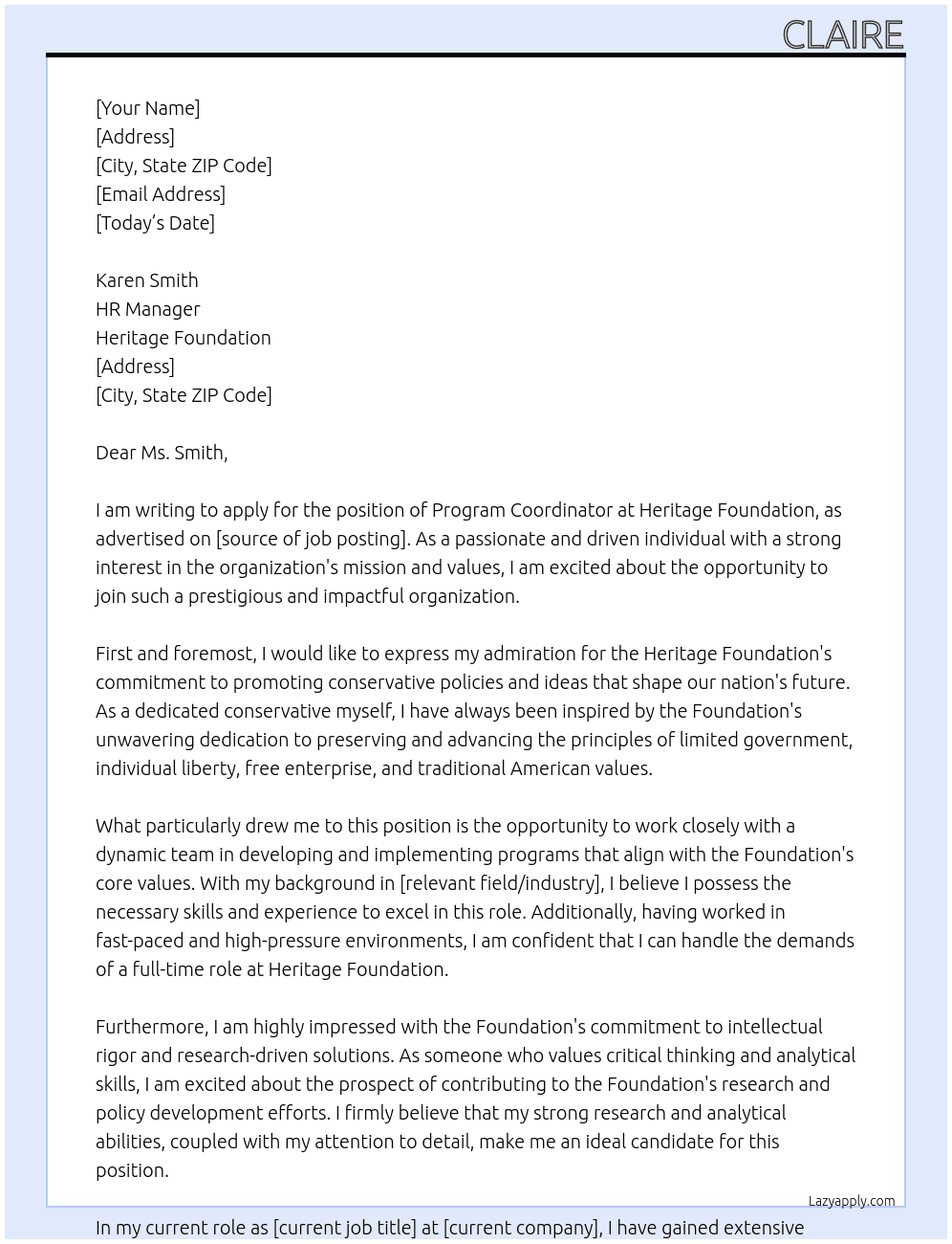 Program Coordinator At Heritage Foundation Cover Letter