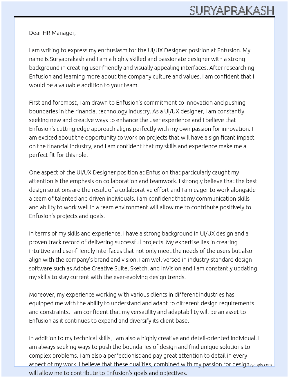 UI UX designer  At Enfusion  Cover Letter