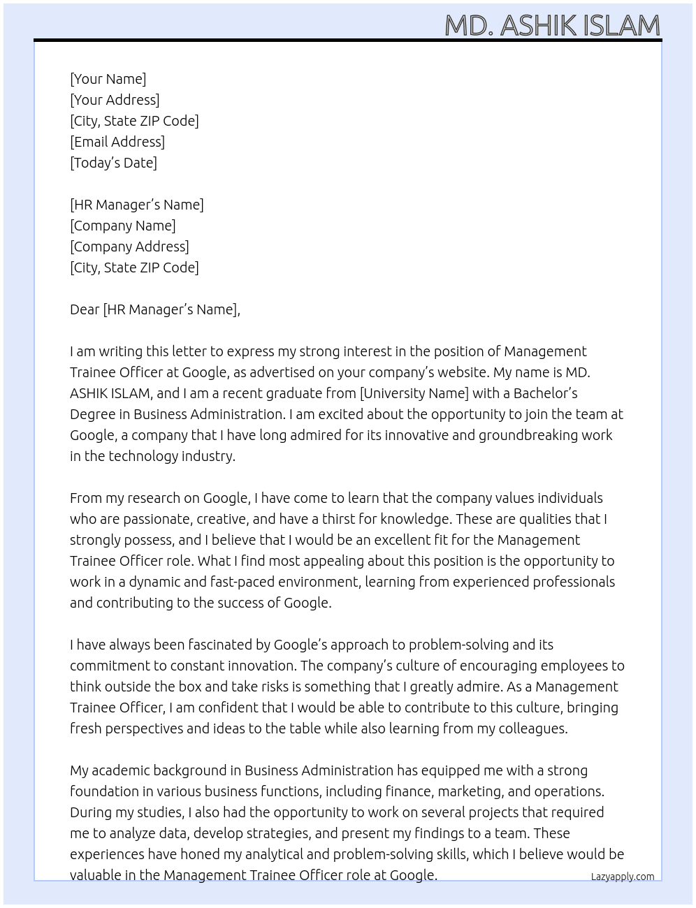 management trainee officer  At Google Cover Letter