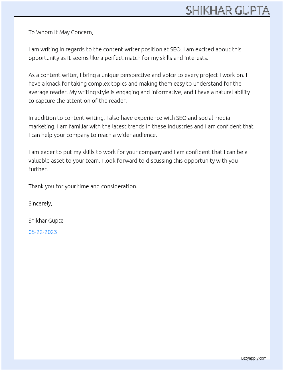 Content Writer At SEO Cover Letter