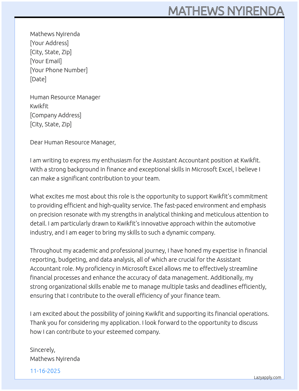 Assistant Accountant At Kwikfit Cover Letter