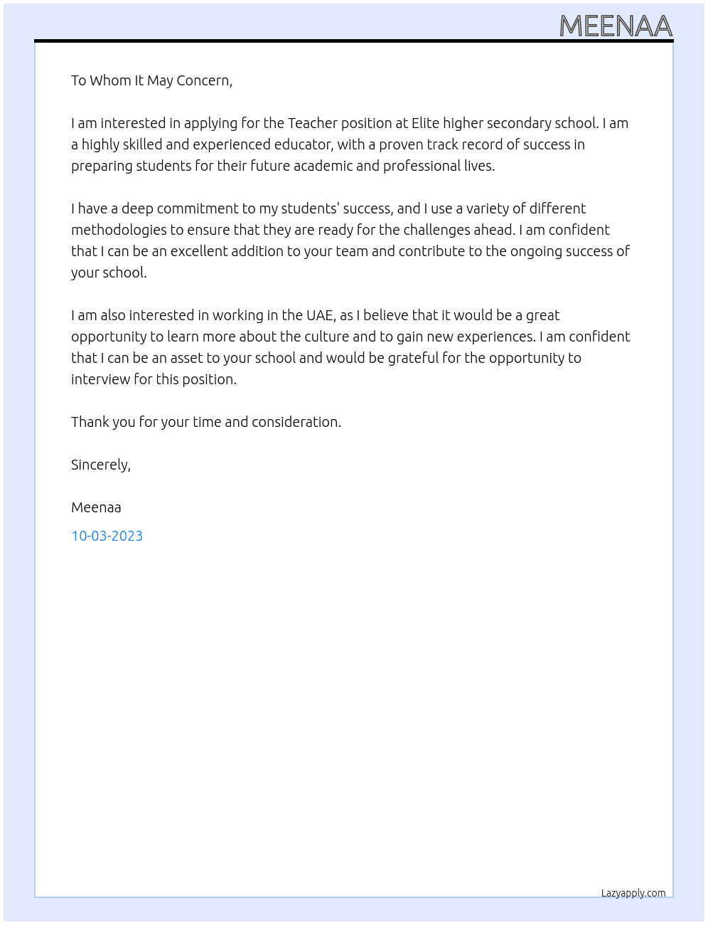 Teacher At Elite higher secondary school Cover Letter