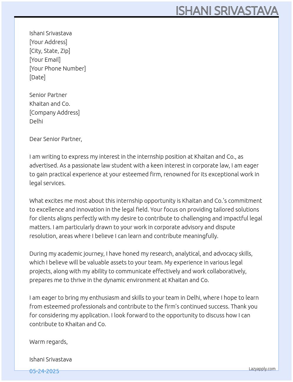 intern At Khaitan and CO. Cover Letter