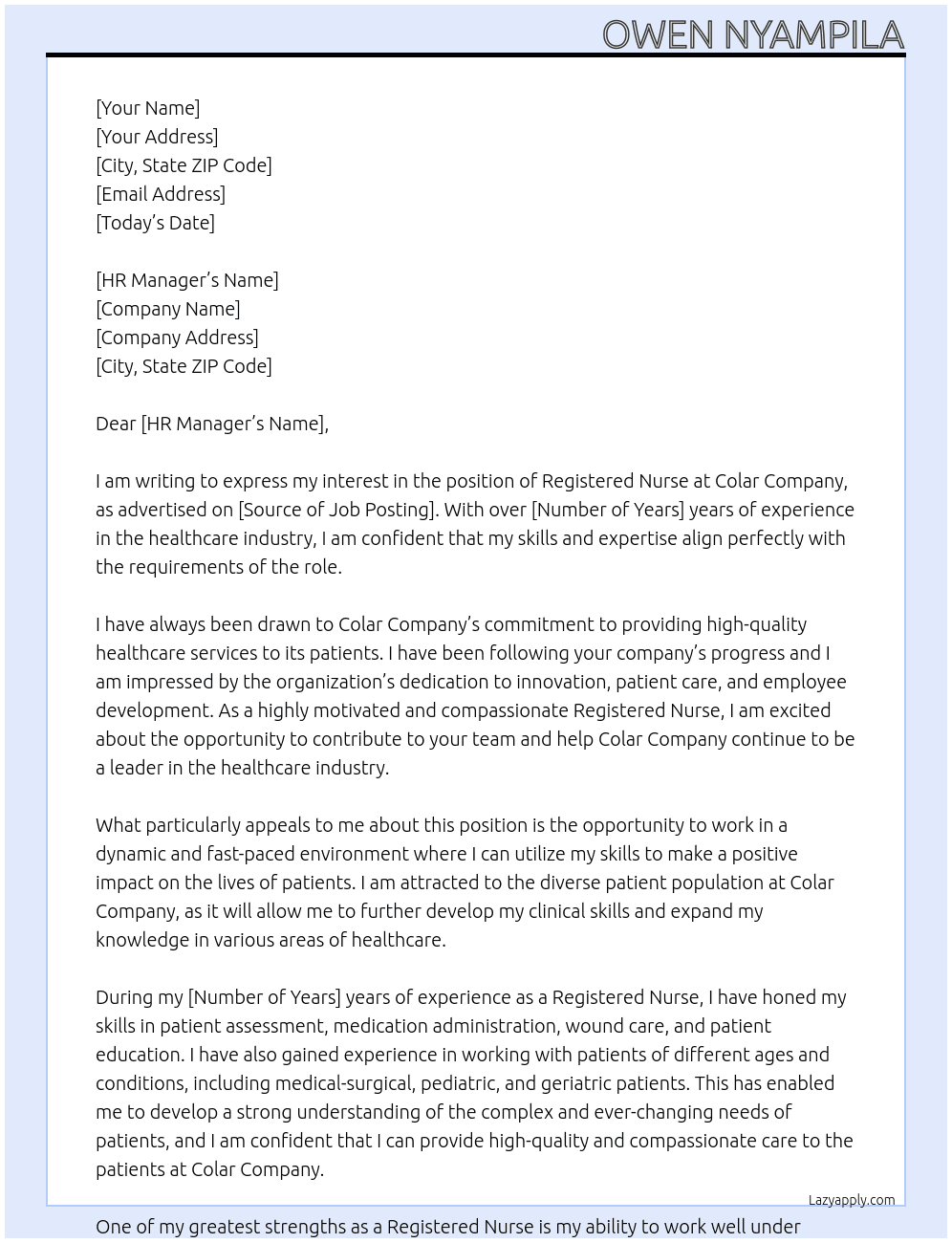 Registered  Nurse At Colar Company Cover Letter