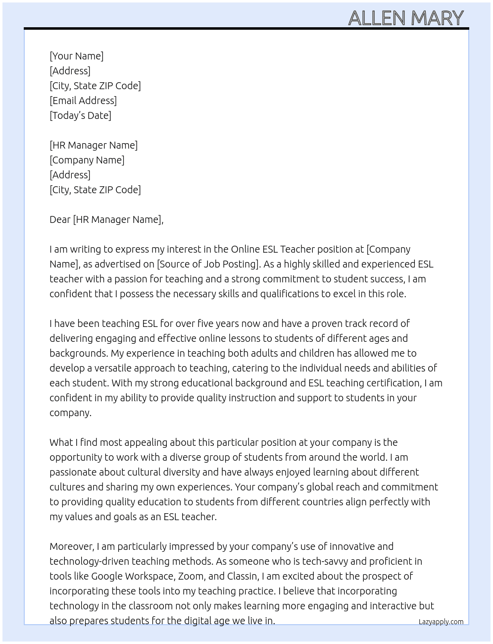 Cover letter for online esl teacher - LazyApply