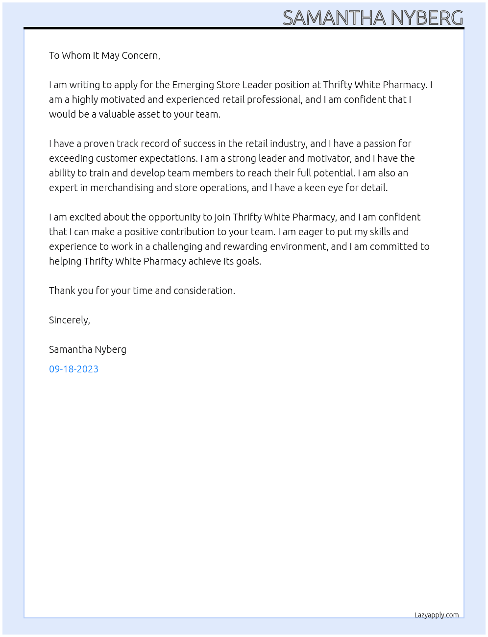 Emerging Store Leader At Thrifty White Pharmacy Cover Letter