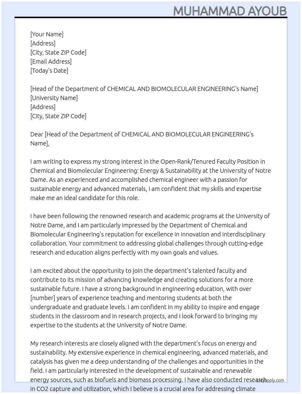 Open-Rank/Tenured Faculty Position in Chemical and Biomolecular Engineering: Energy & Sustainability At University of Notre Dame, Indiana Cover Letter