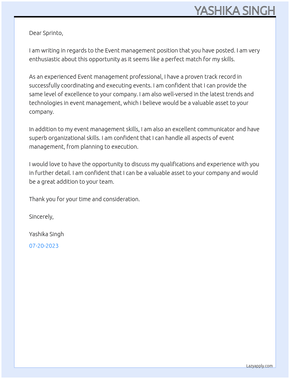 Event management At Sprinto Cover Letter