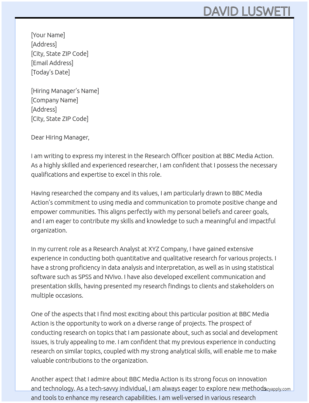 Research Officer At BBC Media Action Cover Letter