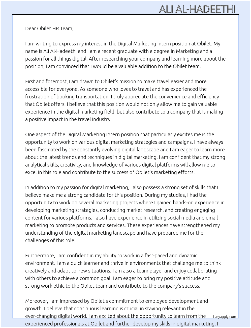 Digital Marketing Intern  At Obilet Cover Letter