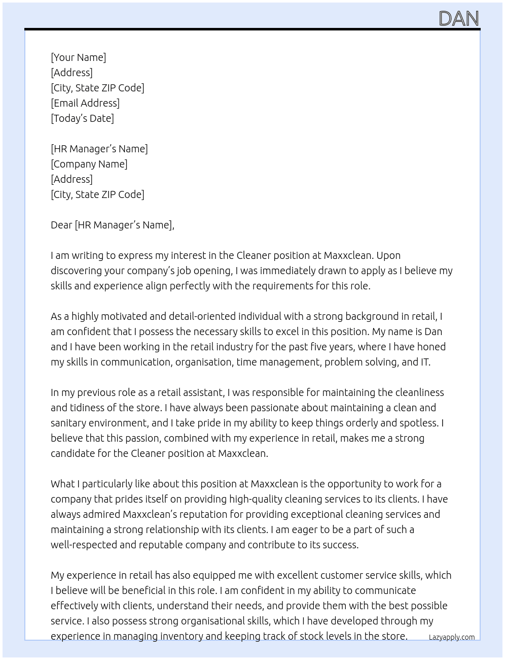 Cleaner At Maxxclean Cover Letter