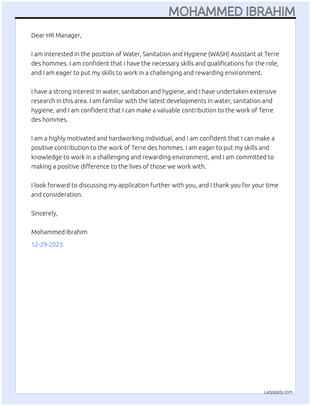 Water, Sanitation and Hygiene (WASH) Assistant At Terre des hommes Cover Letter